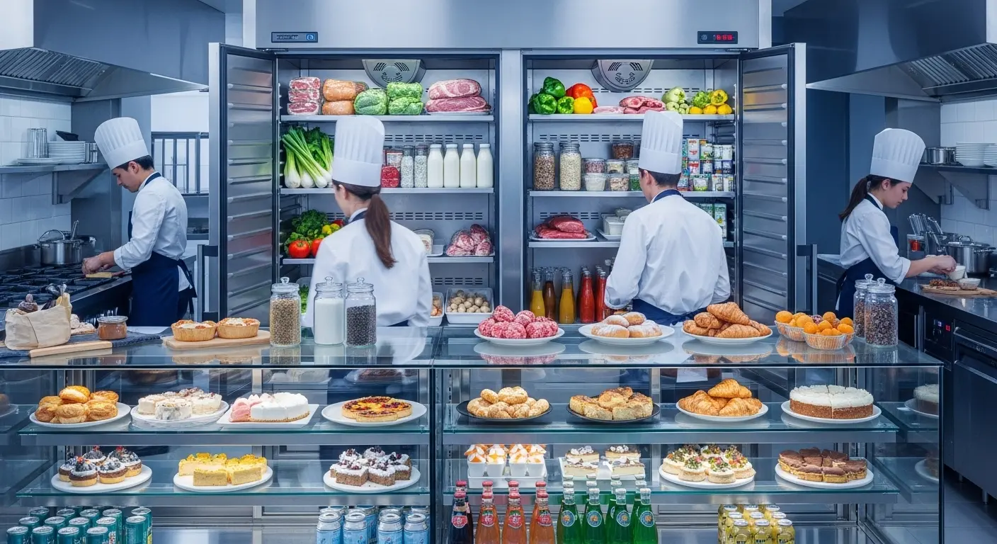 전문적인 셰프들이 분주하게 일하는 깨끗하고 현대적인 상업용 주방. 세련된 스테인리스 업소용 냉장고와 아름다운 디저트가 진열된 유리 쇼케이스가 조화를 이루는 모습.