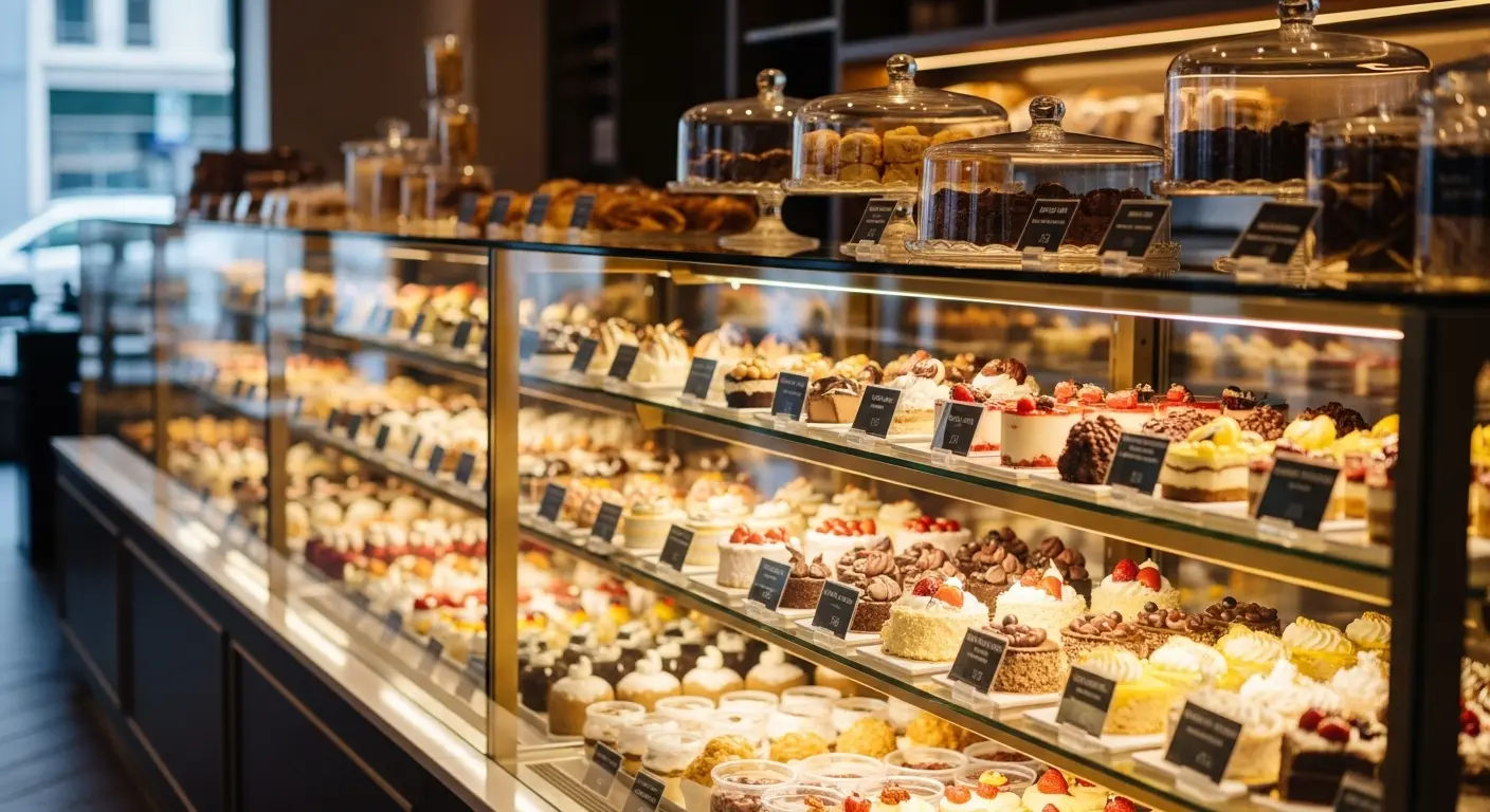 다양한 디저트가 진열된 현대적이고 세련된 제과쇼케이스