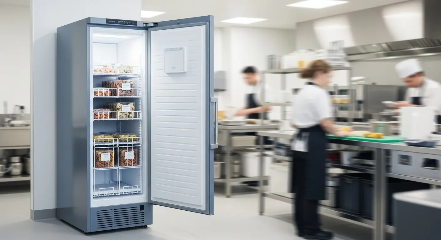 밀키트 사업장을 위한 깨끗하고 효율적인 상업용 냉동고. 문이 살짝 열려있어 정돈된 밀키트가 보이며, 주방 스태프들이 바쁘게 일하는 모습.
