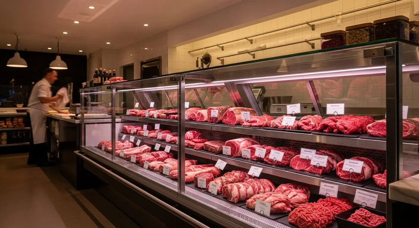 최신 정육 쇼케이스가 돋보이는 모던한 정육점 내부 전경. 신선하고 먹음직스러운 다양한 육류가 쇼케이스에 깔끔하게 진열되어 있으며, 밝은 조명이 고기를 더욱 돋보이게 합니다.
