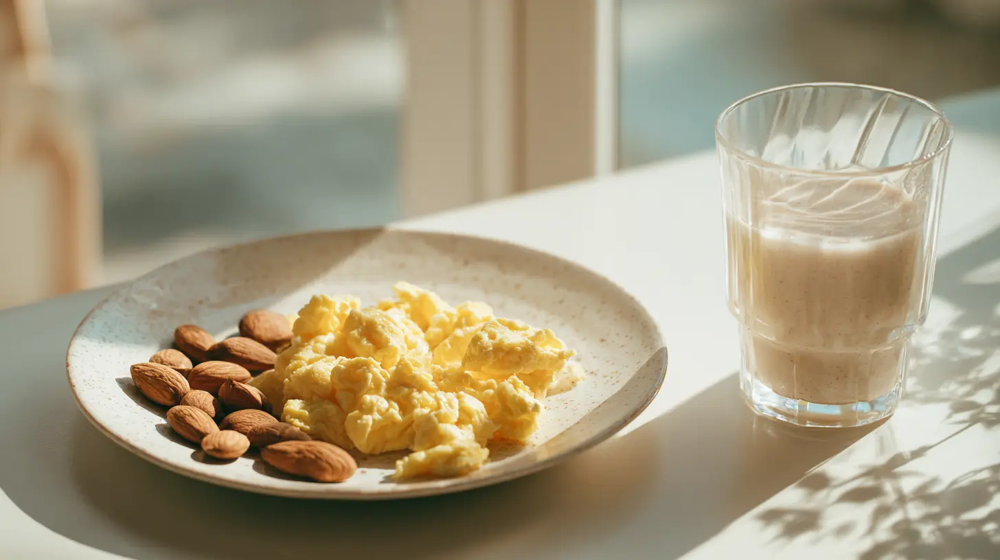 스크럼블 에그와 아몬드, 우유 한잔