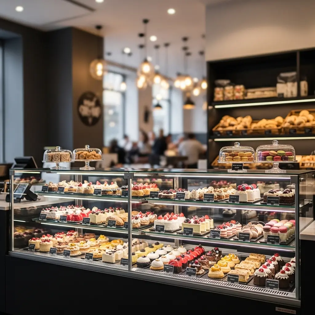현대적인 베이커리 매장 내부, 신선한 케이크와 페이스트리로 가득 찬 세련된 유리 제과쇼케이스