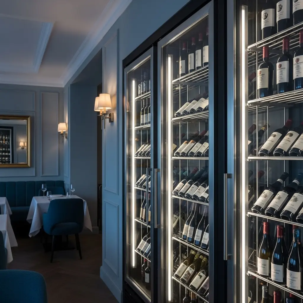 고급스러운 레스토랑 내부에 세련된 유리문 와인셀러가 설치되어 다양한 와인병들을 우아하게 보관하고 있는 모습. 매장의 품격을 높이는 인테리어 요소로 잘 어우러져 있다.