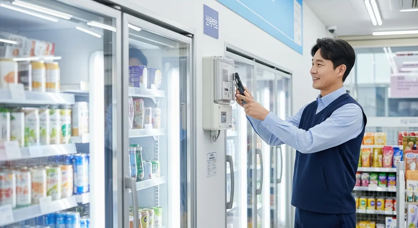 에너지 효율적인 설비로 전기세를 절감하며 환하게 운영되는 현대적인 편의점 내부, 점주가 만족스러운 표정으로 전력 계량기를 확인하는 모습.