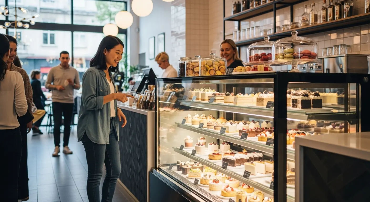 다채로운 디저트들이 진열된 현대적인 카페의 900mm 냉장 쇼케이스. 따뜻한 조명 아래 신선하고 먹음직스러운 디저트들이 고객의 시선을 사로잡고 있습니다.