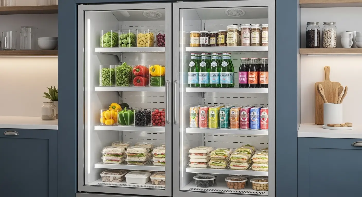 전문적인 주방이나 카페에 놓인 현대적인 2도어 상업용 냉장고. 내부에는 신선한 식자재와 음료가 깔끔하게 정리되어 있습니다.