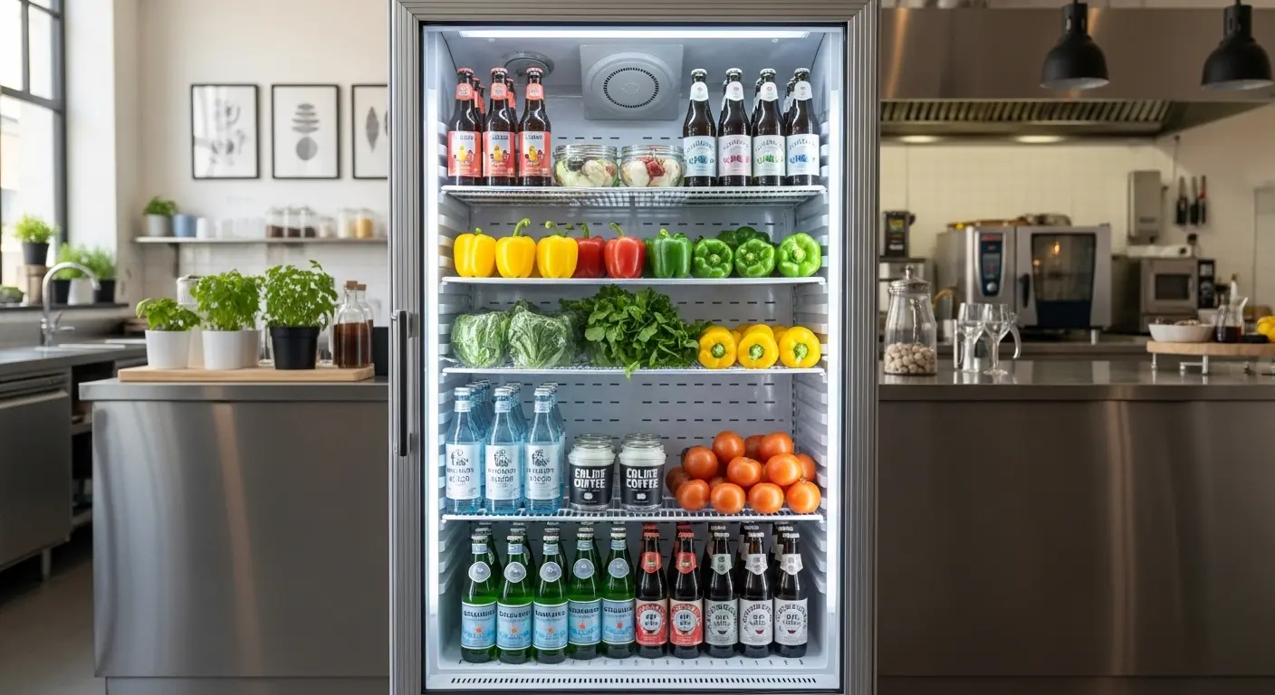 신선한 식자재와 음료가 가득한 세련된 상업용 냉장고가 놓인 깨끗하고 현대적인 카페 주방 또는 매장 내부. 소상공인 냉장고 선택 가이드.