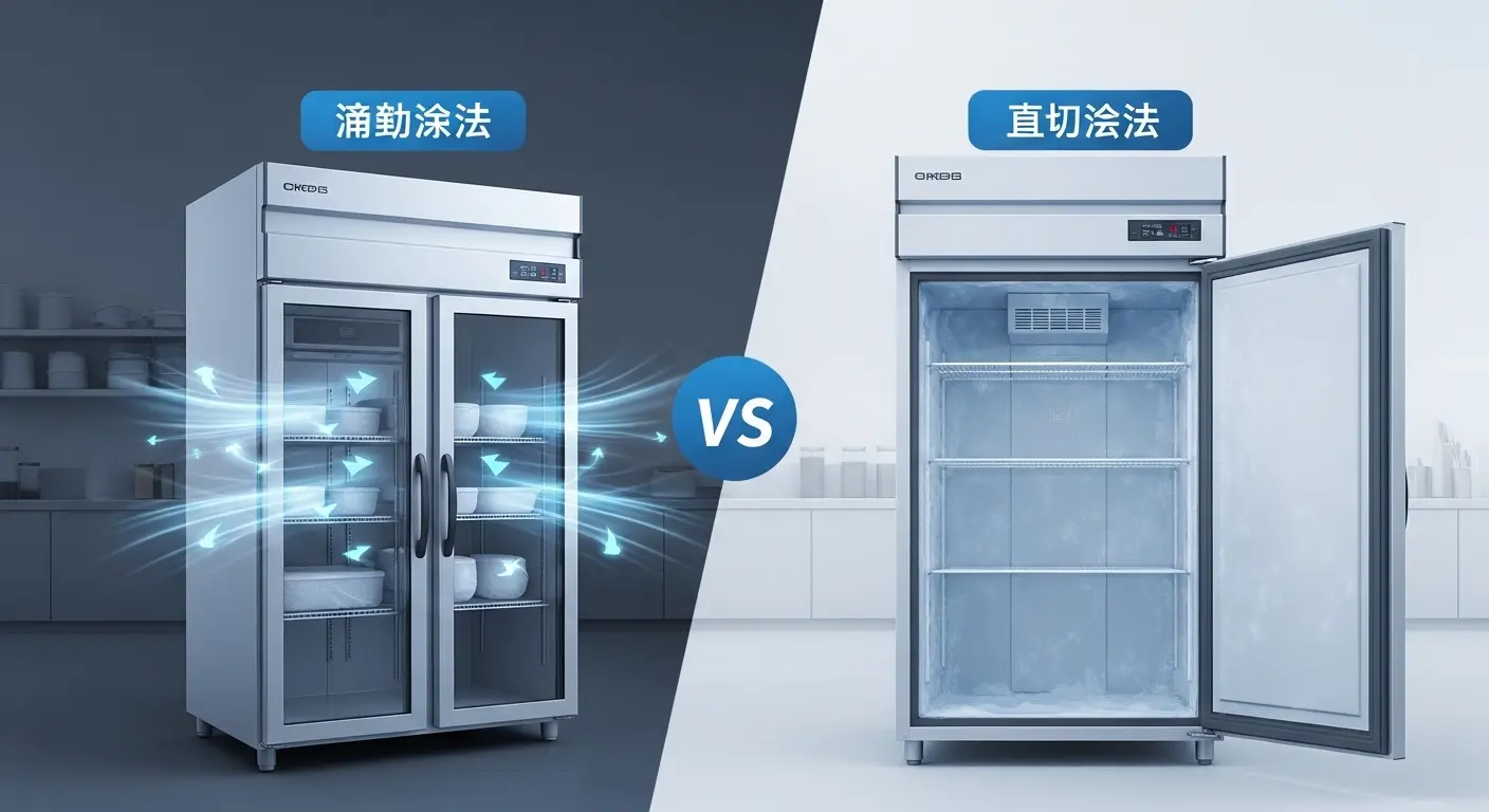 사업자용 간냉식 냉장고와 직냉식 냉장고를 나란히 비교하며 각각의 장단점을 시각적으로 보여주는 일러스트레이션. 두 냉장고 사이에는 균형을 나타내는 저울이 있습니다.