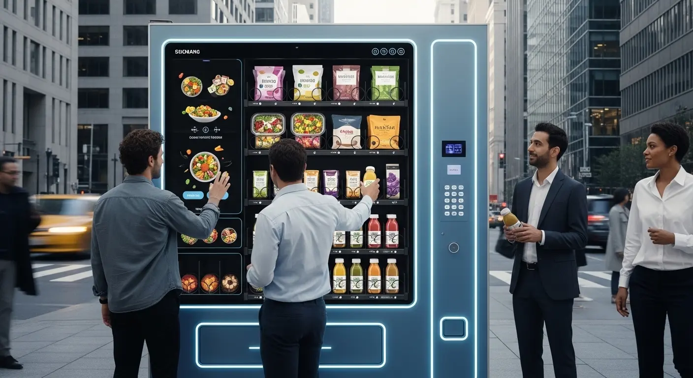 번화한 도심에 세련된 디자인과 터치스크린을 갖춘 스마트 자판기가 다양한 신선 제품을 판매하는 모습, 효율적인 미래형 비즈니스 모델을 상징.
