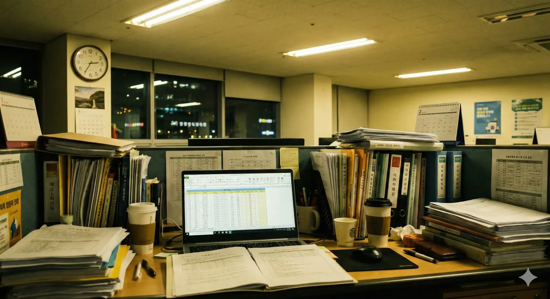 실무에서 주 52시간을 올바르게 관리하기 위해 근태 관리 엑셀과 여러 수기 서류를 관리하는 인사 담당자의 업무 환경