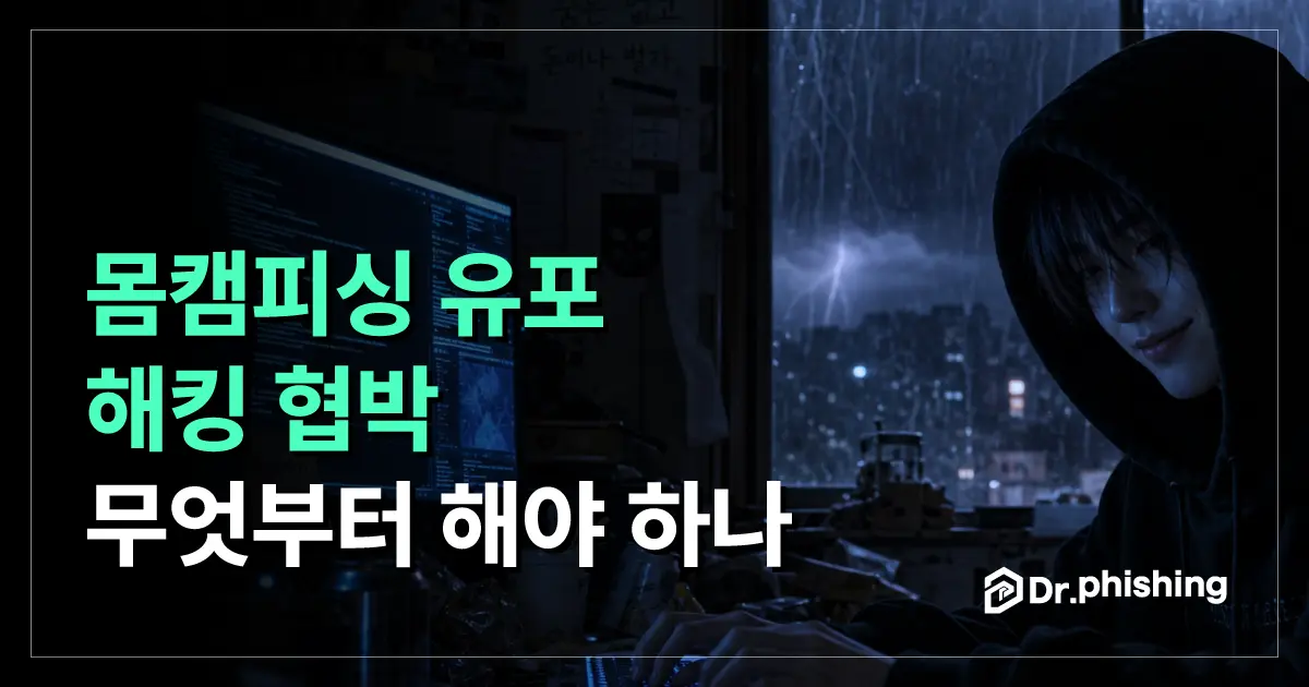 비 내리는 어두운 도시 야경을 배경으로 '몸캠피싱 유포 해킹 협박 무엇부터 해야 하나'라는 흰색 문구와 닥터피싱 로고가 적힌 표지 이미지