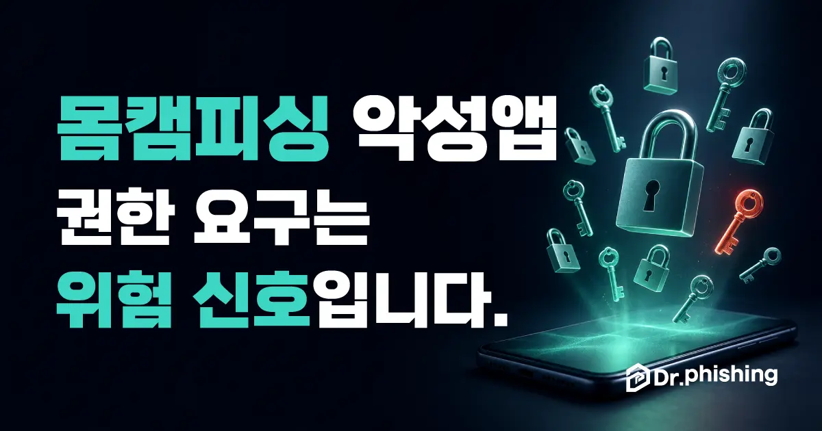 검은 배경 위 스마트폰에서 자물쇠와 열쇠 아이콘이 떠오르고 '몸캠피싱 악성앱 권한 요구는 위험 신호입니다' 문구와 닥터피싱 로고가 적힌 표지
