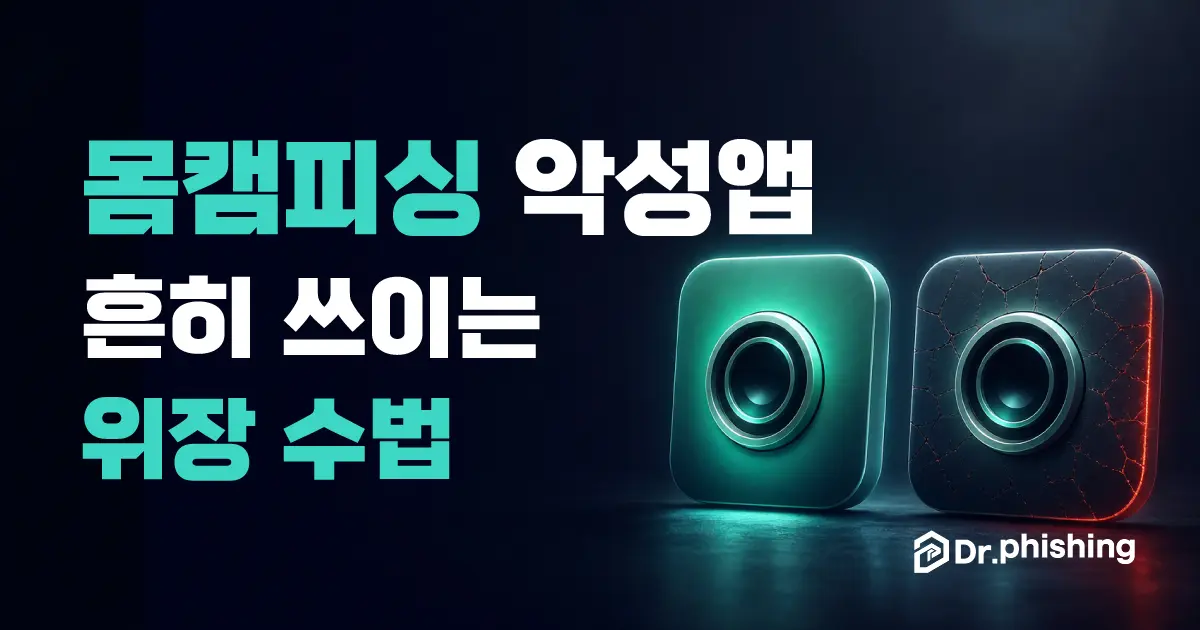 어두운 배경에 청록색과 붉은색으로 빛나는 카메라 모양 앱 아이콘 두 개가 놓이고, 흰 글씨로 '몸캠피싱 악성앱 흔히 쓰이는 위장 수법'이라 적힌 표지