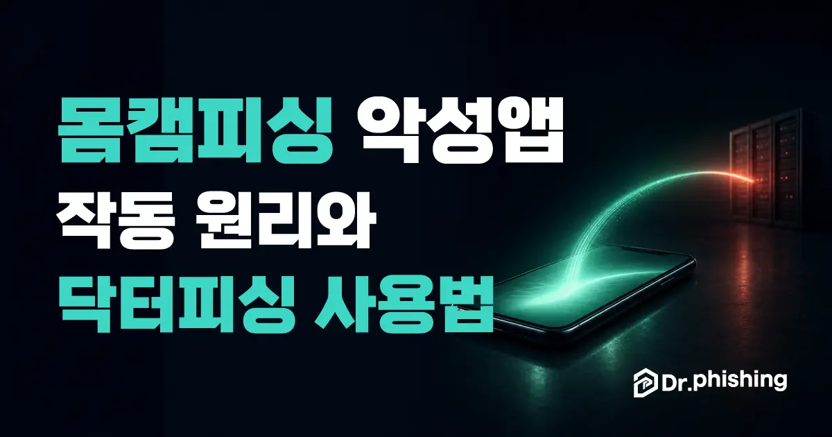 어두운 배경에 스마트폰에서 청록색 빛줄기가 솟구치는 표지, 흰색과 청록색 글씨로 몸캠피싱 악성앱 작동 원리와 닥터피싱 사용법 문구가 적혀 있다.