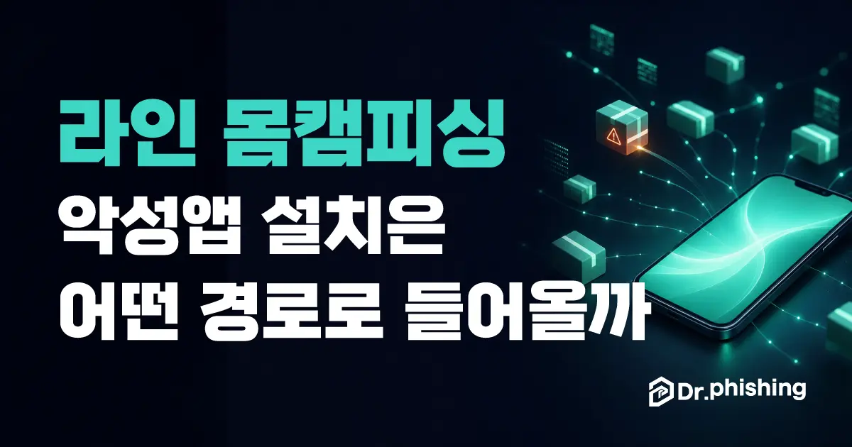청록빛 스마트폰과 빛나는 설치 패키지를 담은 커버 이미지로, 라인으로 받은 악성앱 설치 파일이 어떤 경로로 들어오는지를 다룬다