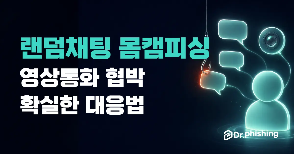 짙은 네이비·틸 배경에 얼굴 없는 익명 아바타에서 채팅 말풍선과 영상통화 카메라 렌즈가 뻗어 나오고 말풍선 하나가 붉은 미끼 낚싯바늘에 걸린, 랜덤채팅에서 시작되는 영상통화 협박을 담백하게 상징하는 대표 이미지. 왼쪽에 "랜덤채팅 몸캠피싱, 영상통화 협박 확실한 대응법" 제목과 닥터피싱 로고가 있다.