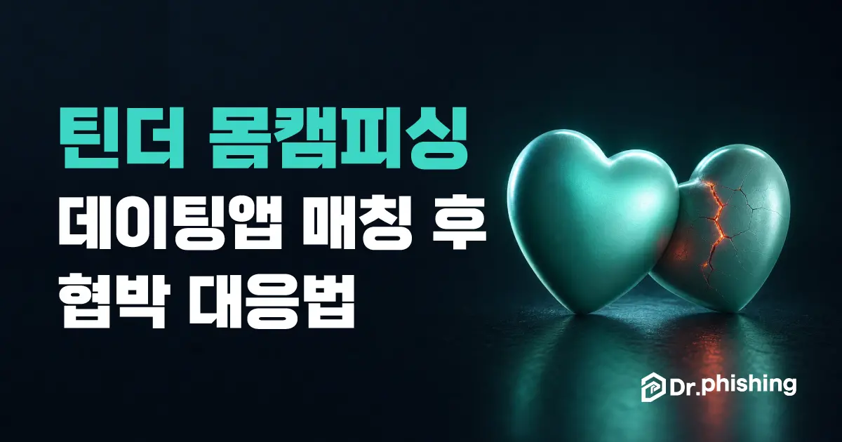 짙은 네이비 배경에 민트색 하트 두 개가 나란히 맞닿아 있고 오른쪽 하트에는 붉은 균열이 번져 있는, 틴더 등 데이팅앱 매칭 뒤에 숨은 영상통화 협박 위협을 담백하게 상징하는 대표 이미지. 왼쪽에 "틴더 몸캠피싱, 데이팅앱 매칭 후 협박 대응법" 제목과 닥터피싱 로고가 있다.