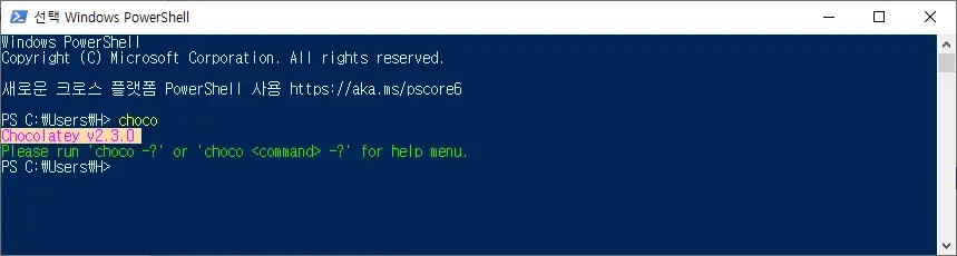 Windows PowerShell에서 Chocolatey 설치 성공 화면