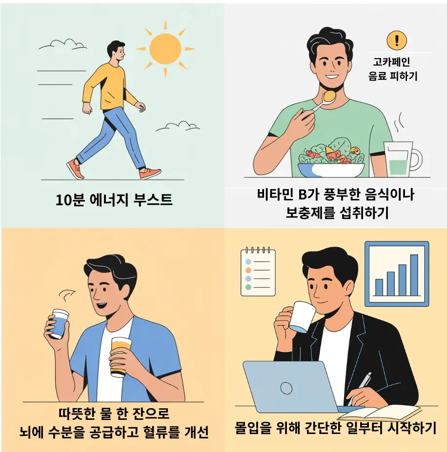 과로한 뇌를 ‘몰입 상태’로 회복시키는 3단계 루틴: ① 햇빛을 받으며 10분 걷기 → ② 비타민 B 섭취 → ③ 따뜻한 물 한 잔 → ④ 간단한 일부터 시작해 집중력 강화