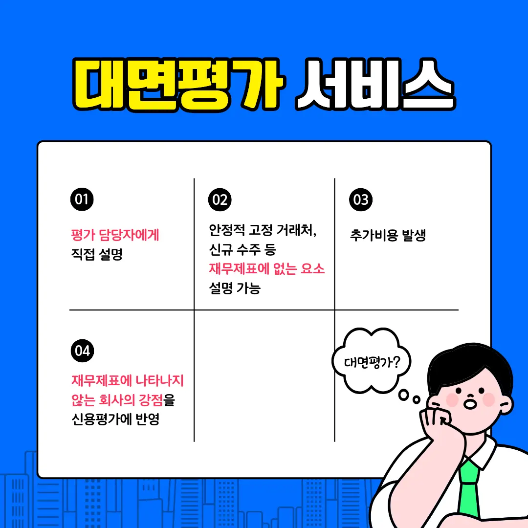 대면평가 서비스 1) 평가 담당자에게 직접 설명 2) 재무제표에 없는 요소 설명 가능 3) 추가비용 발생 4) 재무제표에 나타나지 않는 회사의 강점을 신용평가에 반영 