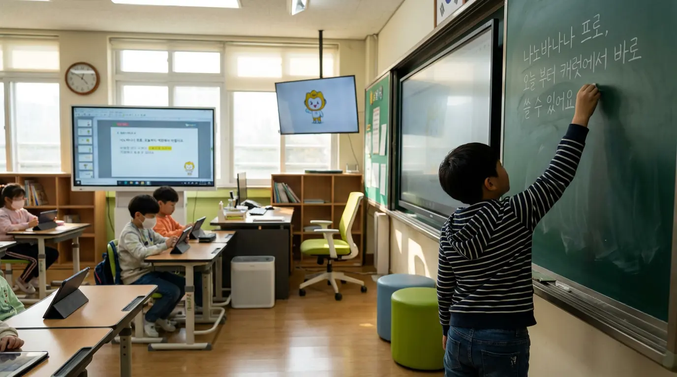 나노바나나2(나노바나나 프로)로 생성한 결과물 예시. 초등학생이 교실 칠판에 한글을 판서하고 있다.