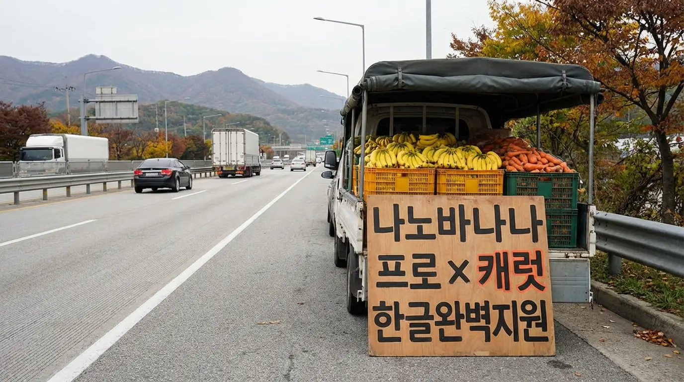 나노바나나2(나노바나나 프로)로 생성한 결과물 예시. 고속도로 갓길에 과일 트럭이 있다.