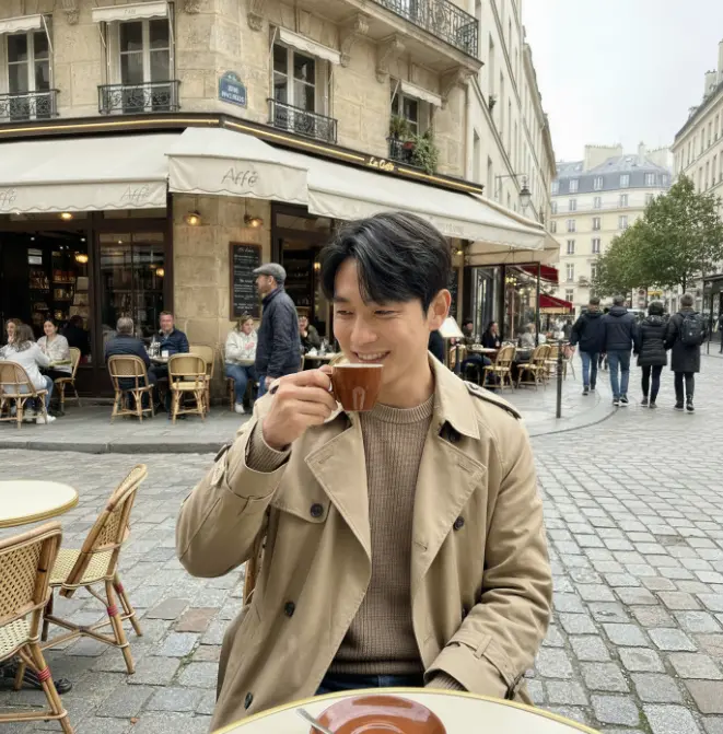 나노바나나2 활용 사례. 해외 여행 중 야외에서 커피를 즐기는 20대 한국인 남성.