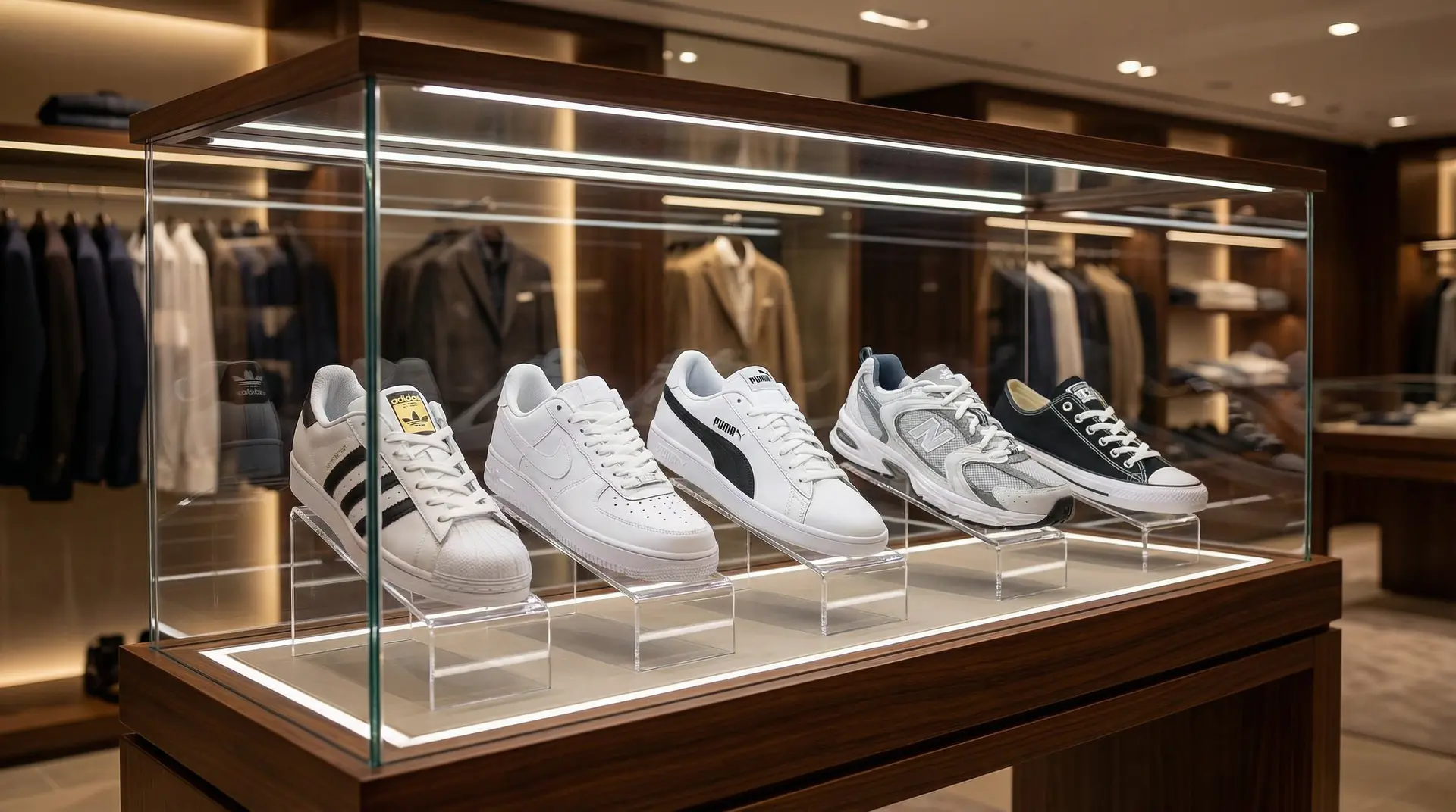 나노바나나 프로 결과물 예시. 아디다스, 나이키, 퓨마, 뉴발란스, 컨버스 운동화가 진열장에 전시되어 있는 모습