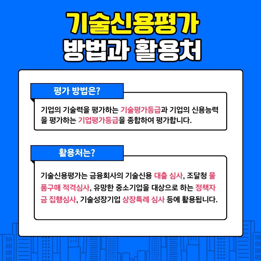 기술신용평가 방법과 활용처: 평가 방법은? 기업의 기술력을 평가하는 기술평가등급과 기업의 신용능력을 평가하는 기업평가등급을 종합하여 평가합니다. 활용처: 기술신용평가는 금융회사의 기술신용 대출 심사, 조달청 물품구매 적격심사, 유망한 중소기업을 대상으로 하는 정책자금 집행심사, 기술성장기업 상장특례 심사 등에 활용됩니다.