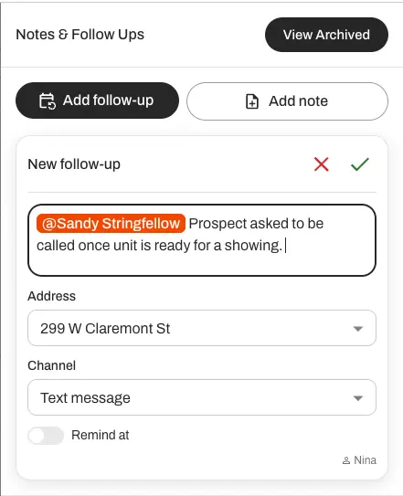 Track manual follow-ups per channel and property.