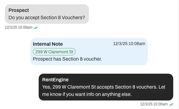 Notes and follow-ups appear within the same conversation flow. 
