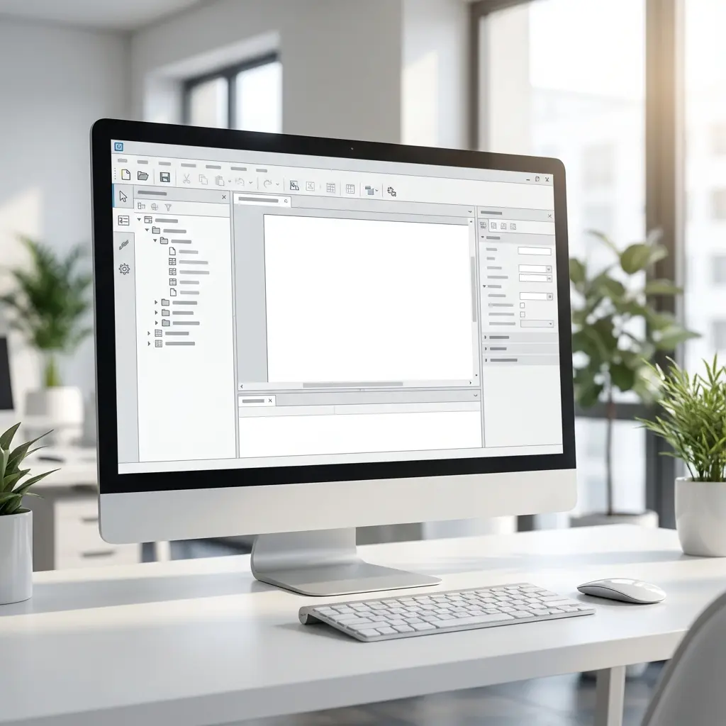 FactoryTalk Optix 개발 환경 화면. 왼쪽에는 프로젝트 트리, 중앙에는 빈 캔버스, 오른쪽에는 속성 패널이 표시된 기본 UI 구성.