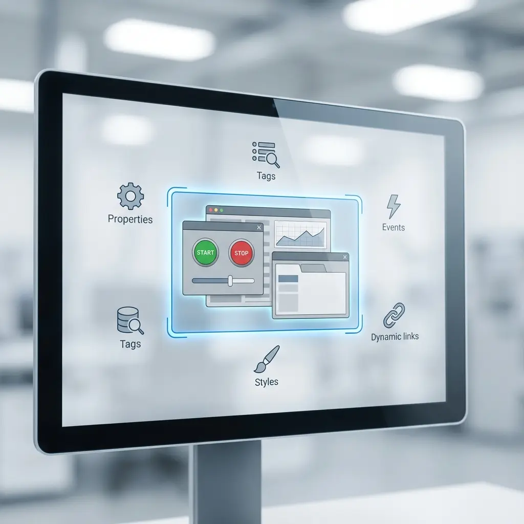 FactoryTalk Optix 개발 환경에서 여러 UI 요소(Button, Panel, Layout)가 하나의 컴포넌트로 묶여 있는 모습을 표현한 일러스트. 속성, 태그, 이벤트, 스타일, Dynamic Link 등 UI 컴포넌트 내부 구성 요소를 상징하는 아이콘이 함께 표시되어 재사용 가능한 UI 개체의 개념을 나타낸 이미지.