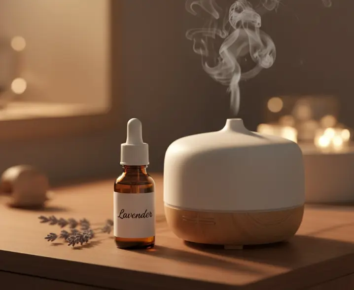 불면증 선물로 추천하는 아로마 오일과 디퓨저가 침대 옆 탁자 위에 위치한 모습