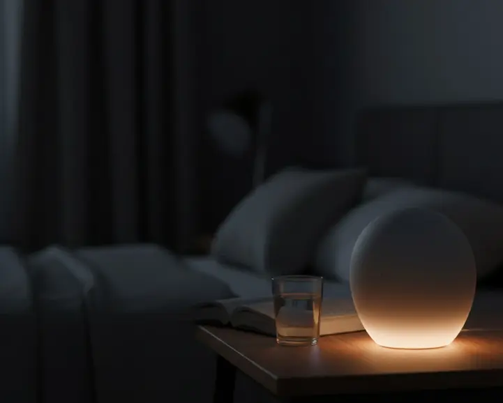 불면증 선물로 추천하는 백색 소음기 무드등이 어두운 방 안에서 빛나고 있는 이미지