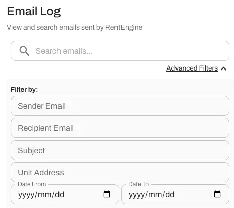 The log includes a search bar and advanced filtering options