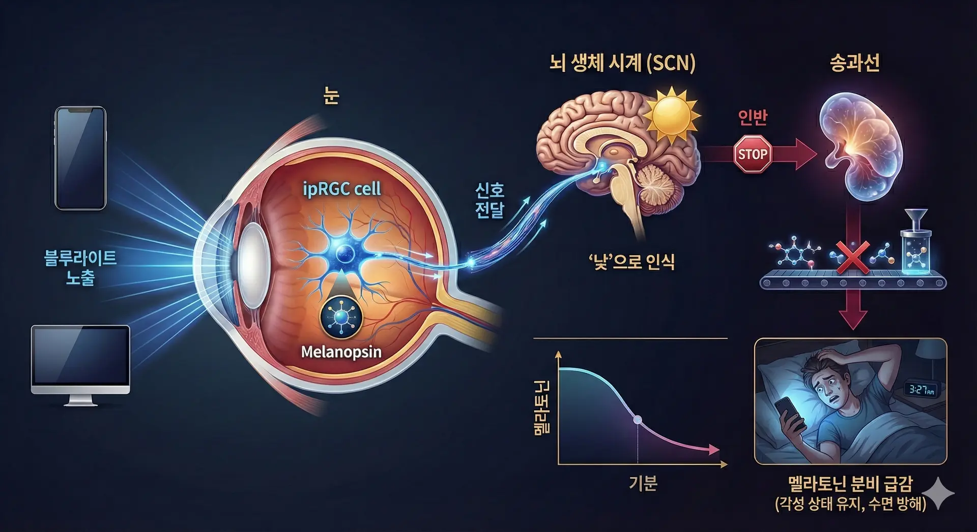 스마트폰과 모니터의 블루라이트가 눈의 ipRGC 세포를 자극하여 뇌의 시교차상핵(SCN)에 낮이라는 신호를 보내고, 송과선의 멜라토닌 생산 공장을 멈추게 하여 수면을 방해하는 생물학적 메커니즘을 설명한 인포그래픽. 우측 하단 그래프는 시간 경과에 따른 멜라토닌 분비 급감과 각성 상태 유지를 보여줌