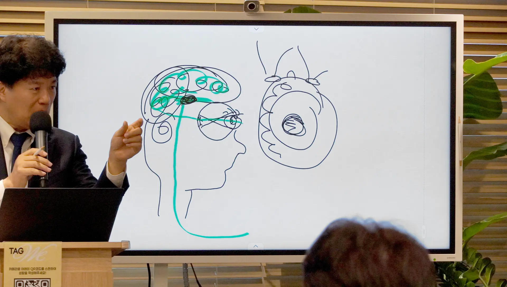 사전세션 중 설명을 위해 그린 그림. 사람의 각막이 사물을 받아들이고 뇌에 전달하는 과정이 그려져있다.