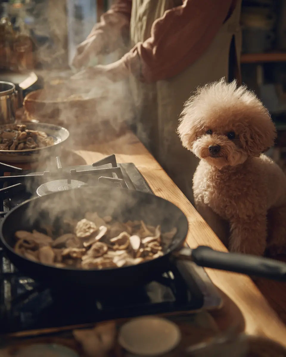 강아지를 위해 표고버섯을 안전하게 익혀 조리하는 보호자의 반려견 건강 식단 준비 모습