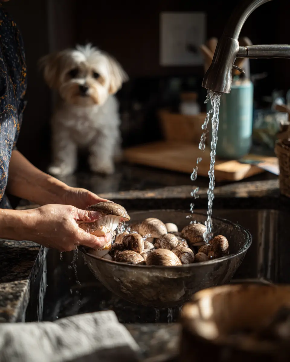 강아지에게 안전하게 급여하기 위해 표고버섯을 깨끗이 씻어 준비하는 보호자의 식재료 손질 과정