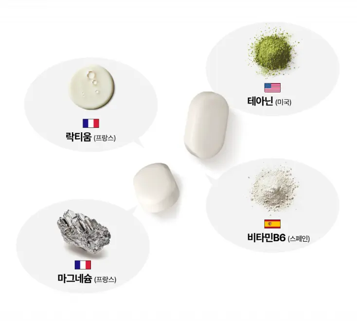 녹트리서치 슬립케어에 들어있는 갱년기 불면증에 좋은 성분 4가지(락티움, 테아닌, 마그네슘, 비타민B6)의 이미지