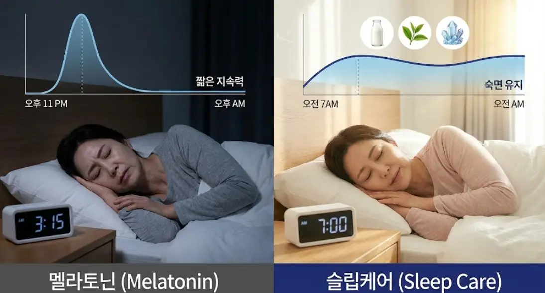 갱년기 불면증을 해결해주는 멜라토닌과 녹트리서치 슬립케어의 수면 유지 비교 도표