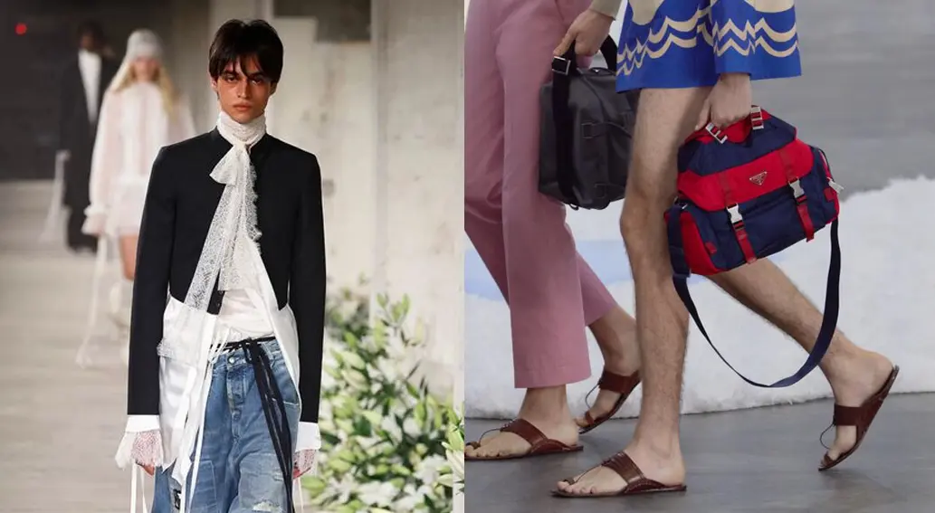 2026 남자 모델 트렌드 – 프라다를 비롯한 2026 S/S 남성 컬렉션 젠더리스 스타일, 마이크로 팬츠, 쉬폰 블라우스 예시