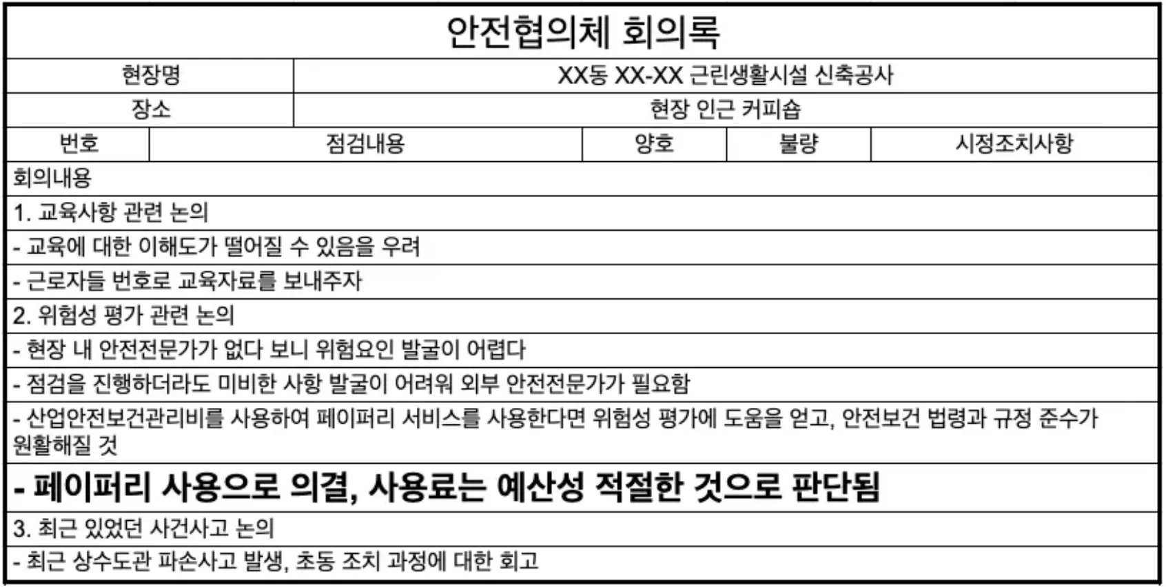 안전협의체 회의록 내 의결 내용 기록