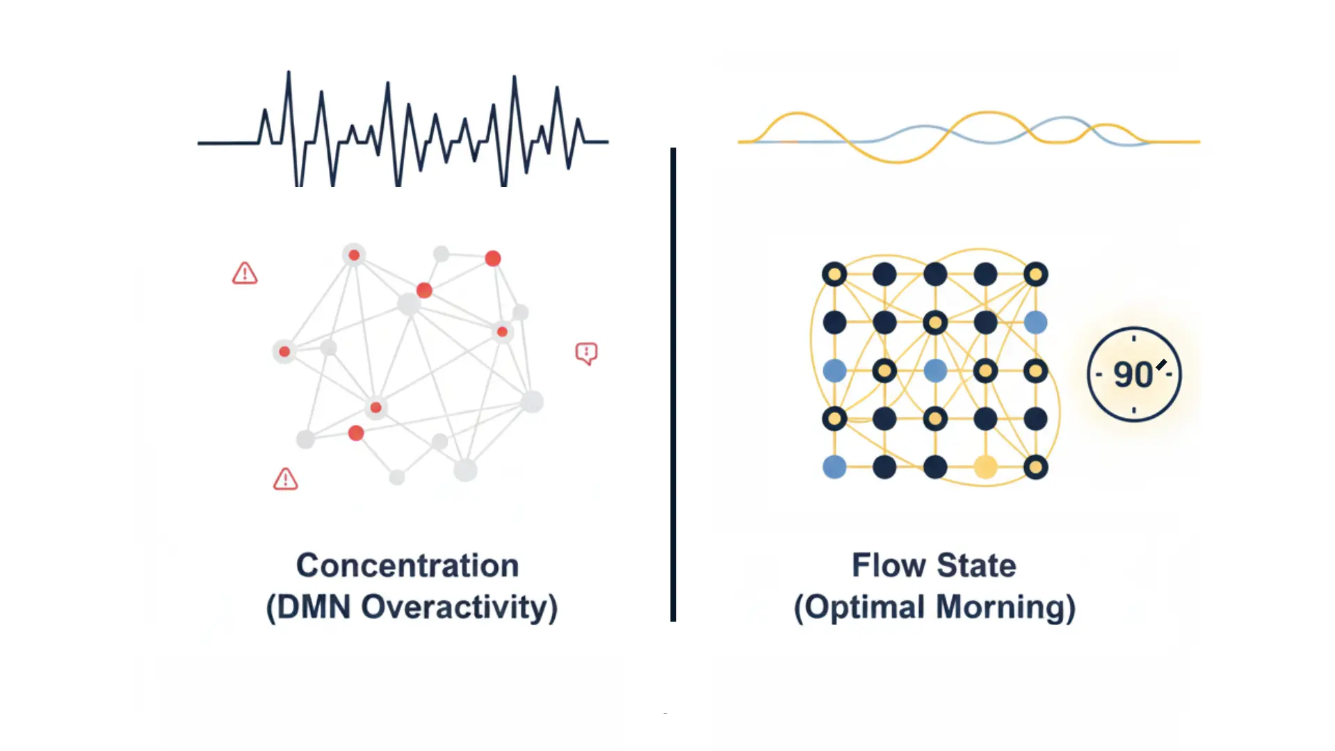 뇌과학적 관점에서 비교한 일반 집중(Concentration)과 몰입(Flow) 상태의 뇌 활성도 차이 및 아침 90분 딥워크 루틴 시각화