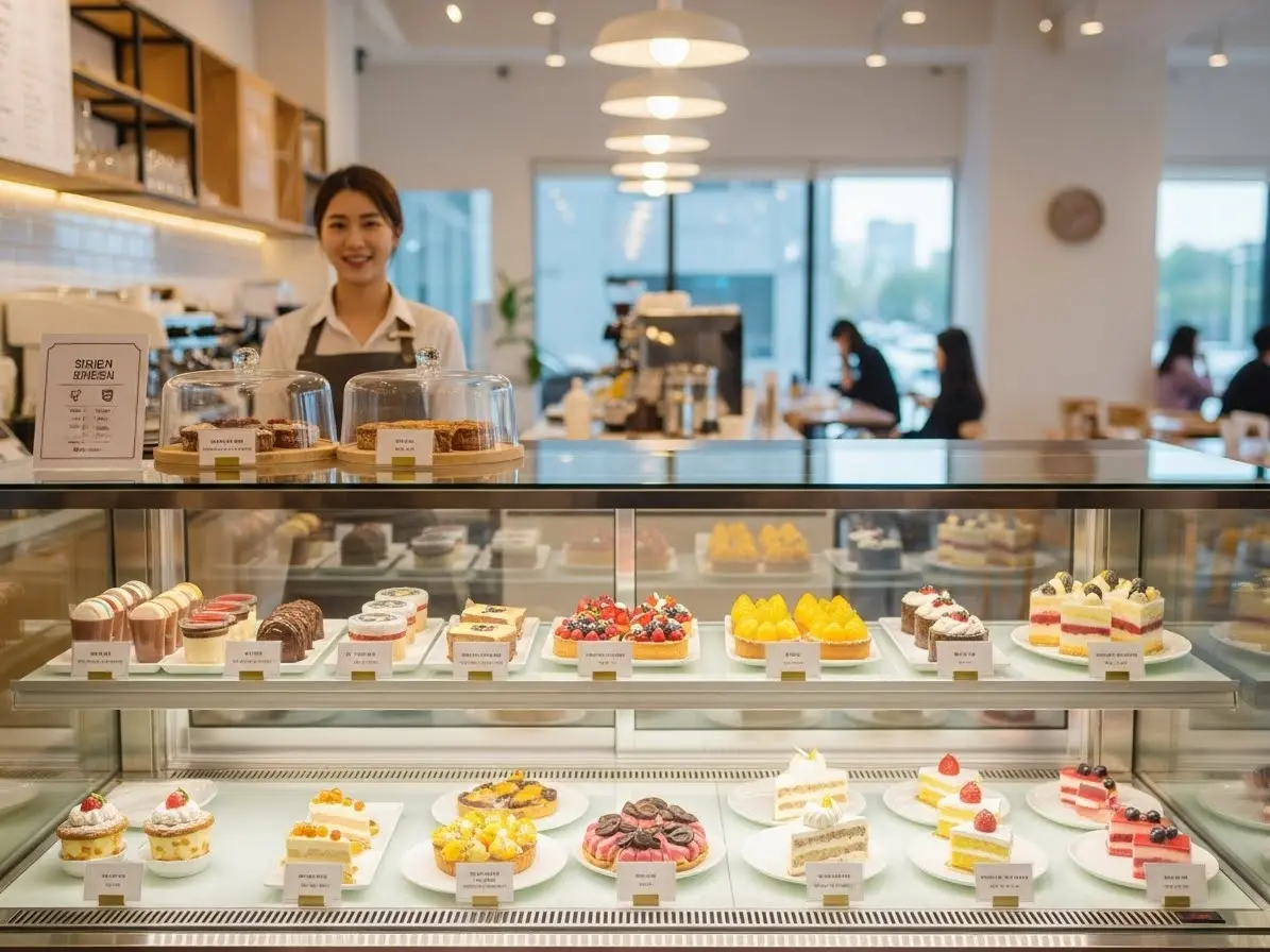 A vibrant and inviting cafe interior with a modern, gleaming refrigerated display case filled with beautifully arranged pastries and desserts. Soft, warm lighting highlights the products. A friendly cafe owner is smiling gently in the background. The scene should convey success, freshness, and efficiency. The style is clean, bright, and professional. korean