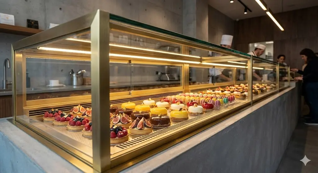 유리와 금속으로 된 긴 진열장 안에 조명을 받은 과일 타르트, 마카롱, 무스 케이크 등 다채로운 디저트가 정갈하게 진열되어 있는 베이커리 내부 모습.