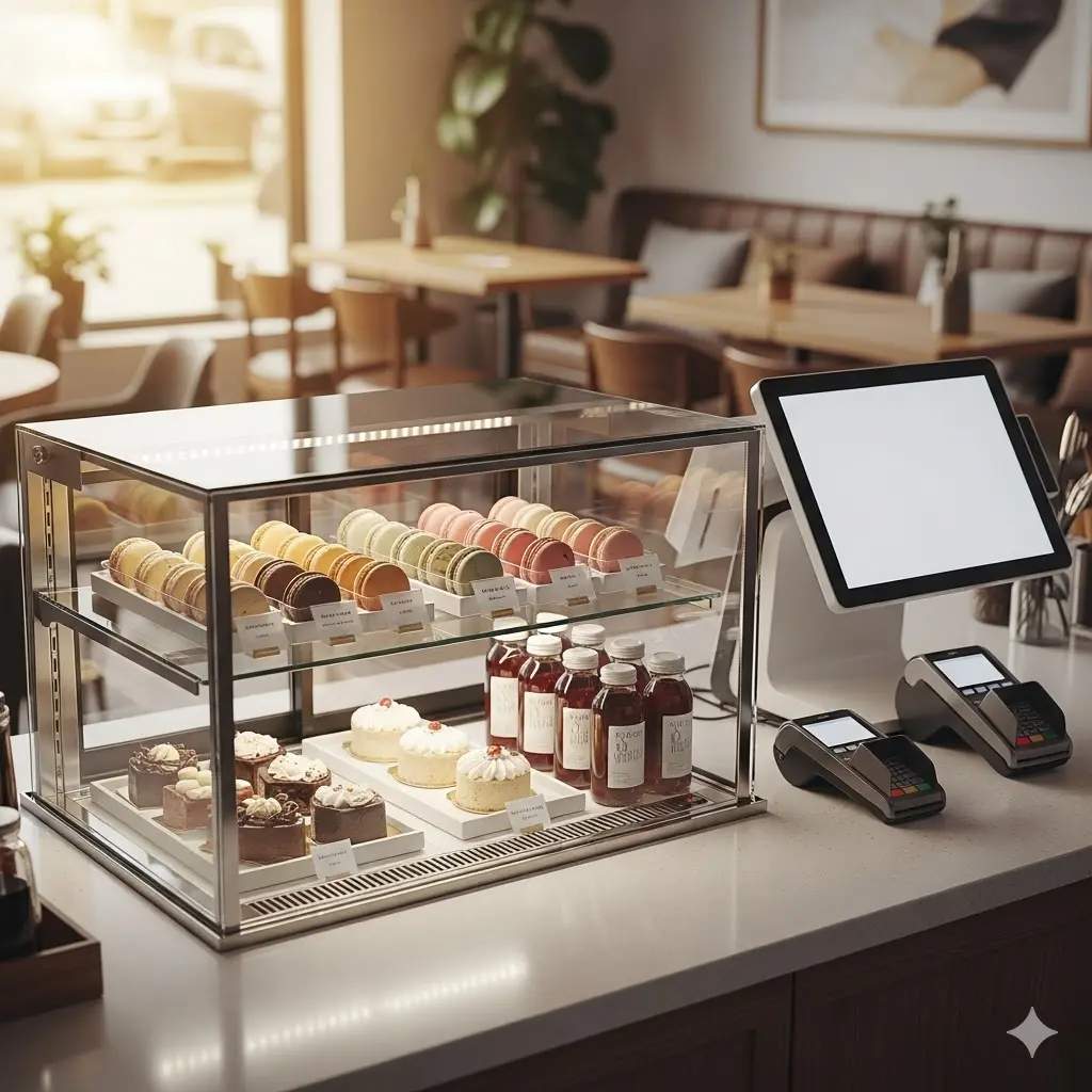 화이트 톤의 깔끔한 카운터 위에 설치된 2단 제과 쇼케이스와 정갈하게 진열된 마카롱, 미니 케이크, 콜드브루 보틀