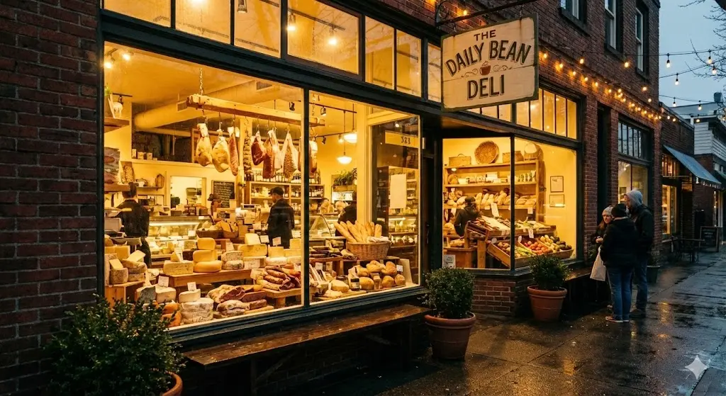 'THE DAILY BEAN DELI'라는 간판이 걸린 벽돌 건물 외관과 대형 유리창 너머로 진열된 치즈, 빵, 육가공품 등 다양한 식재료 쇼케이스 전경