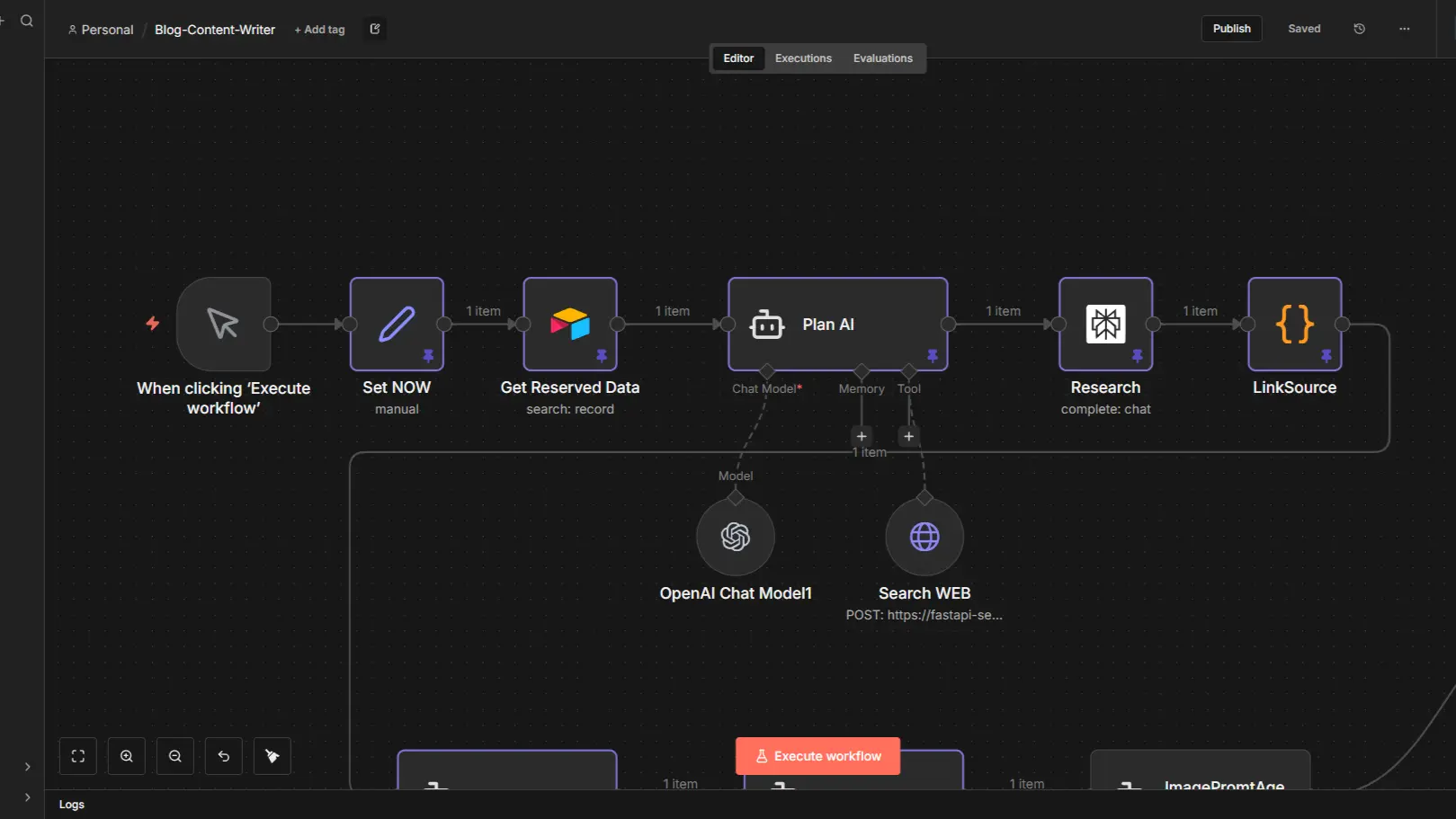 n8n 워크플로우 핀으로 고정한 모습